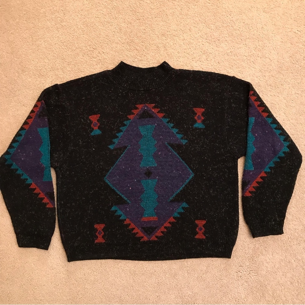Vintage 80s Mock Neck Sweater Size XL Black Acrylic High Collar Fuzzy USA Made